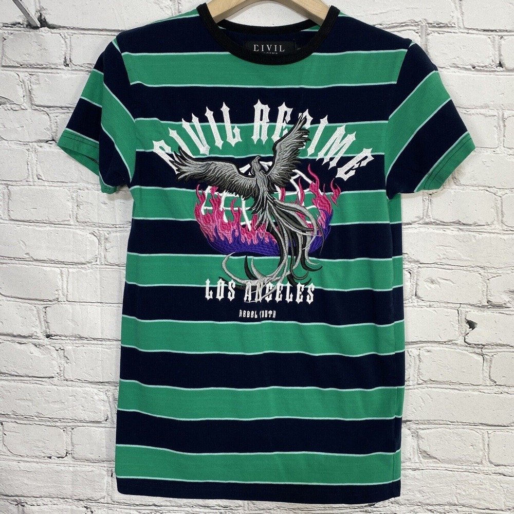 Civil Regime Mens Size S LA Rebel Youth T Shirt Striped Phoenix‎ Embroidered